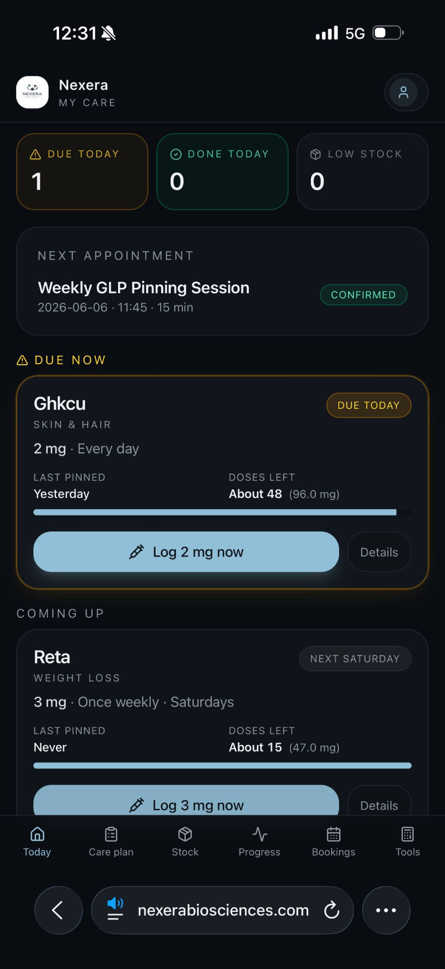 CareBridge — patient mobile app showing due doses and next appointment