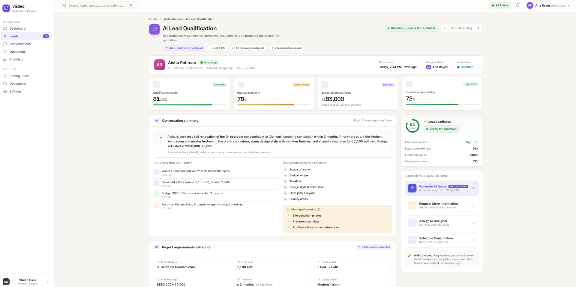 AI Revenue & Quotation Platform — AI lead qualification interface with conversation summary, requirements extraction, scoring and recommended next actions